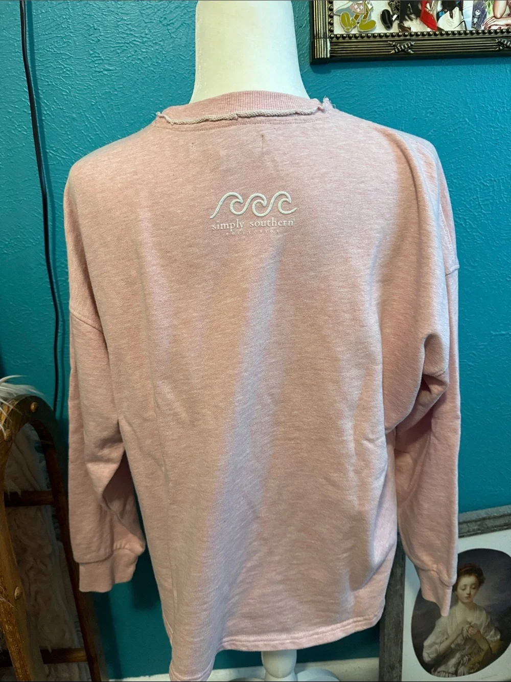 Simply Southern Pink Crewneck Sweater with Teal 'Weekend' Graphic